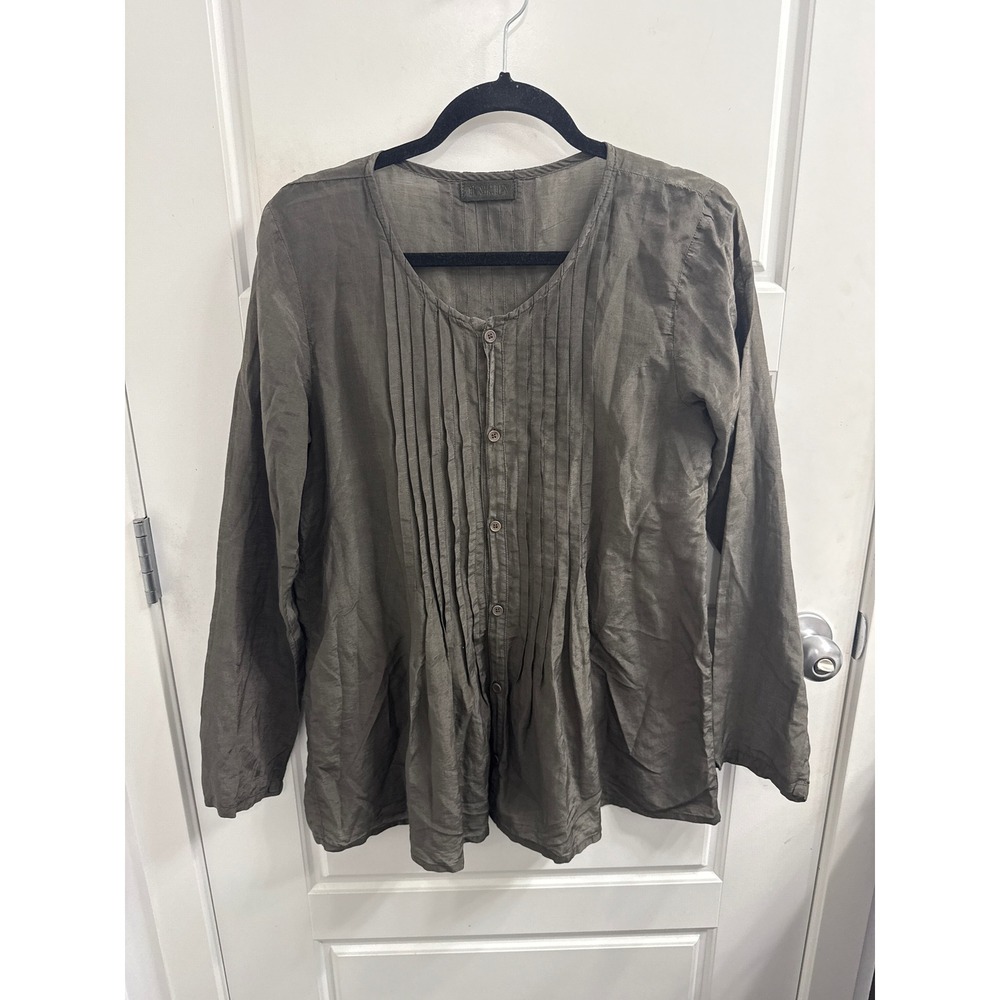 CP Shades Pintuck Pleated Long Sleeve Tunic Top Olive Grey Button Front Womens